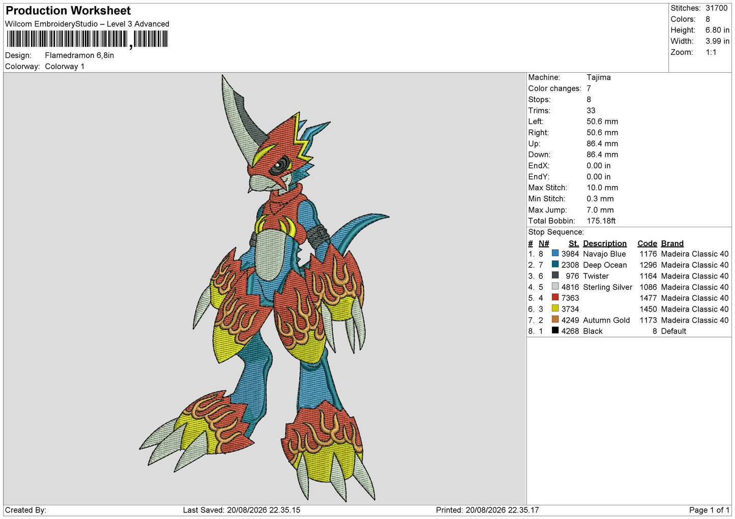 Flamedramon Embroidery Machine Design File 6 sizes