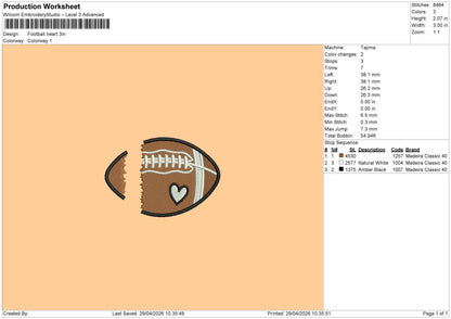 Football Heart Embroidery File 10 sizes