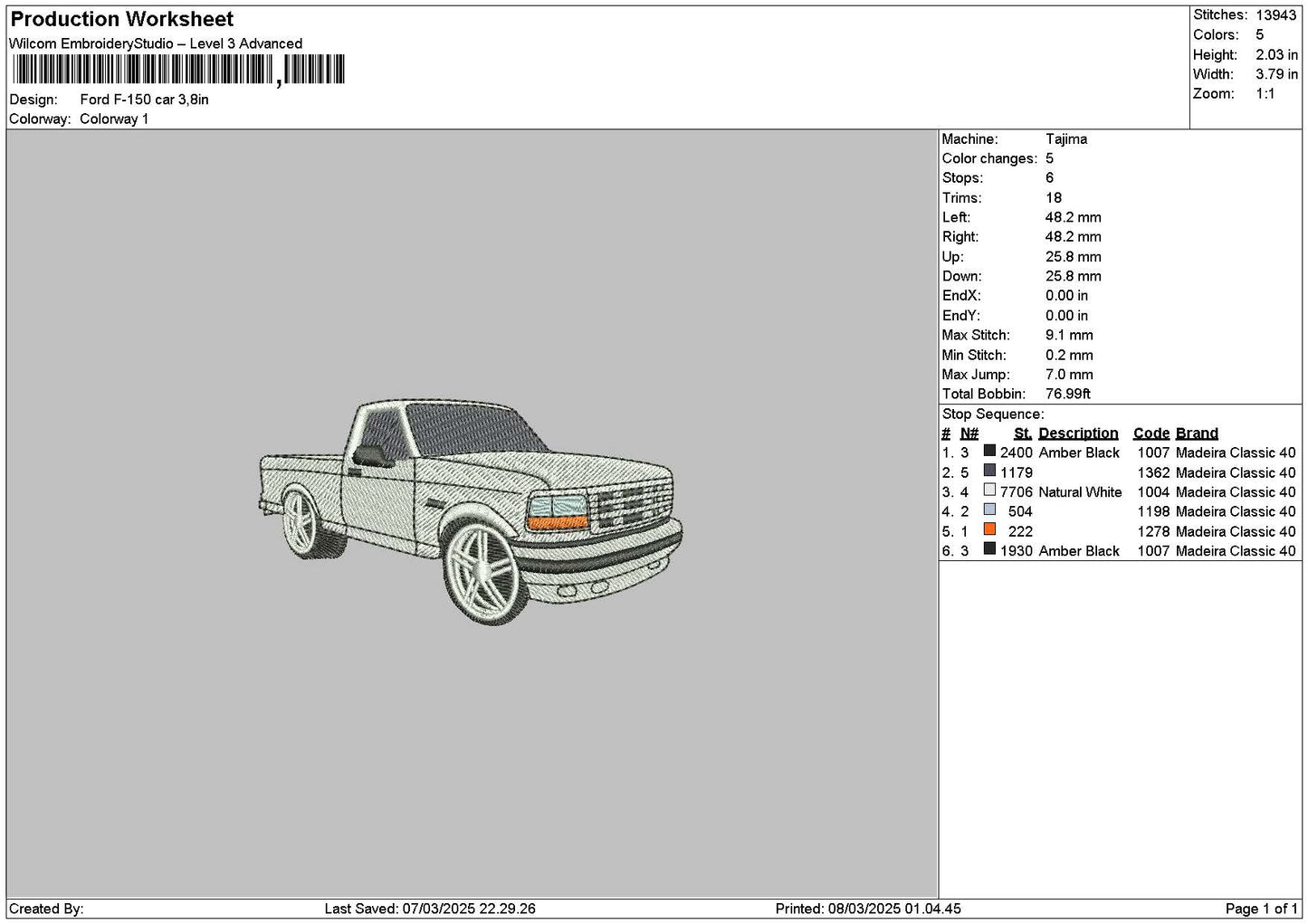 Truck White 0703 Embroidery File 6 sizes