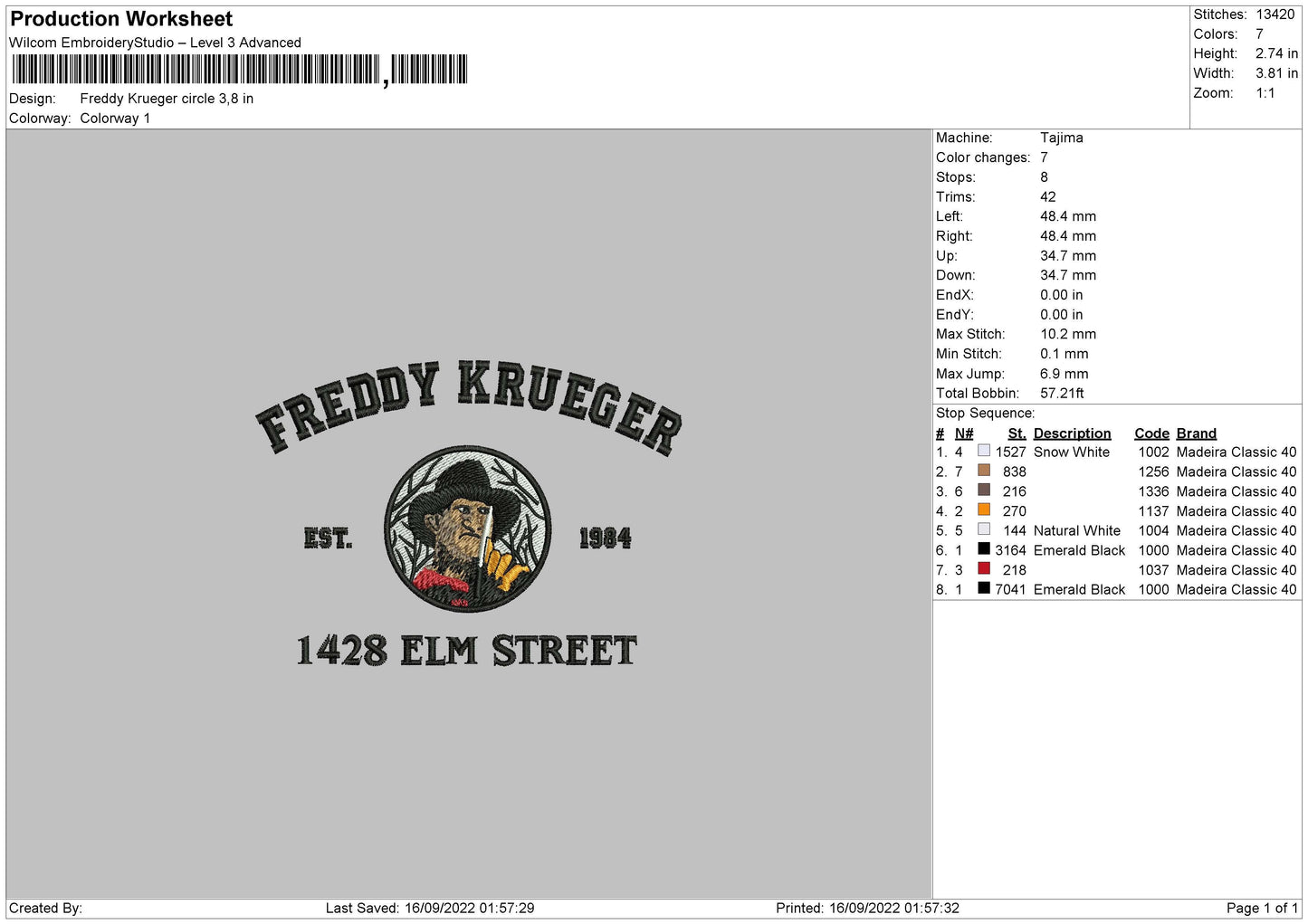 Freddy Krueger Embroidery File 5 sizes