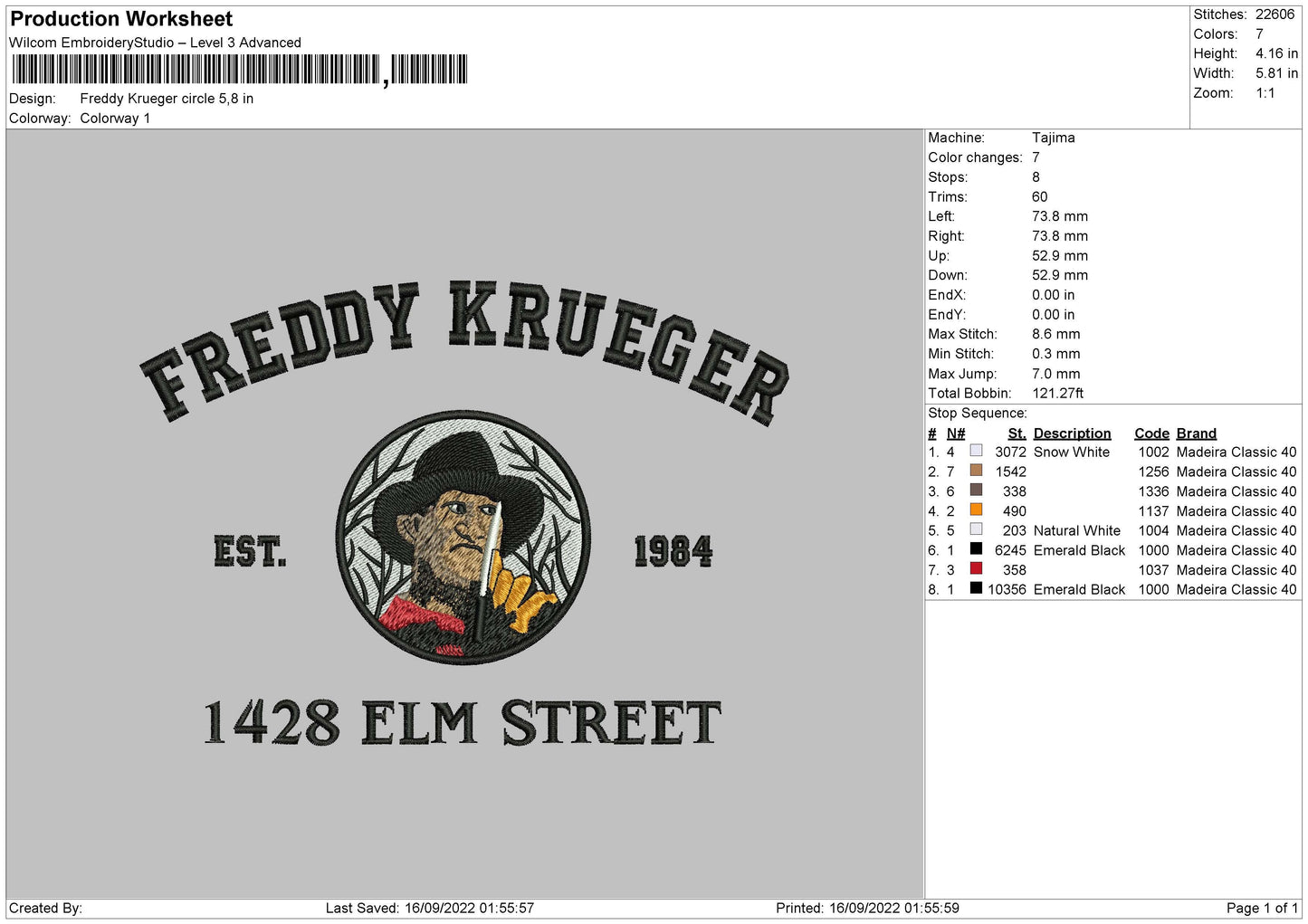 Freddy Krueger Embroidery File 5 sizes