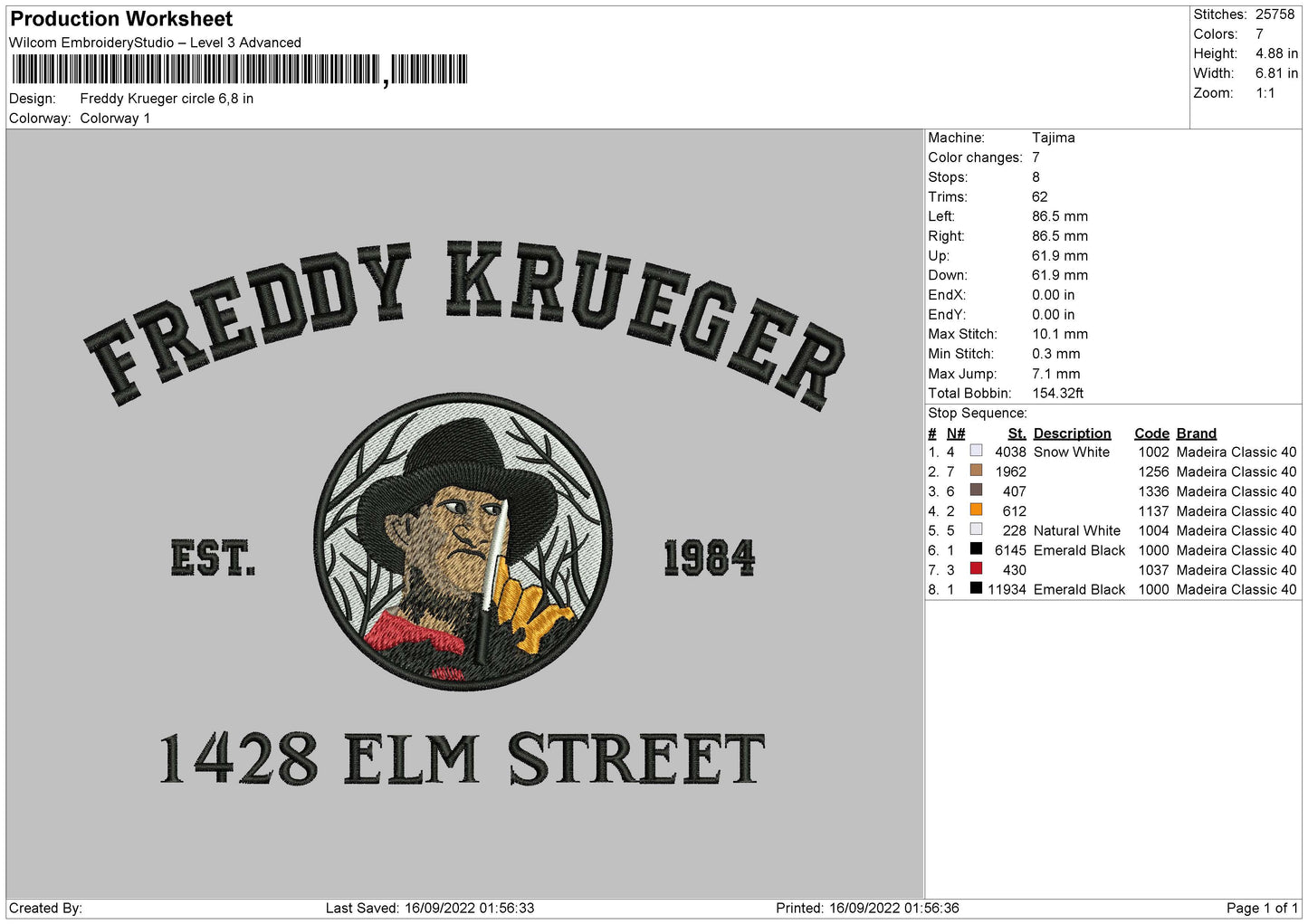 Freddy Krueger Embroidery File 5 sizes