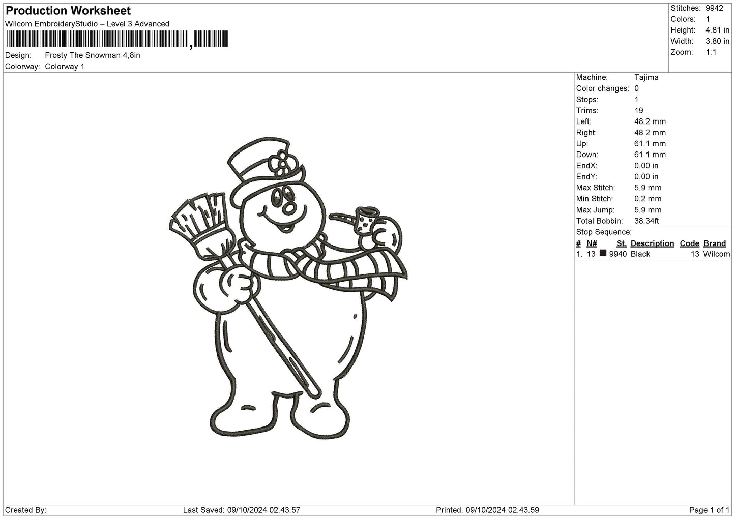 Snowman 02 Embroidery File 6 sizes