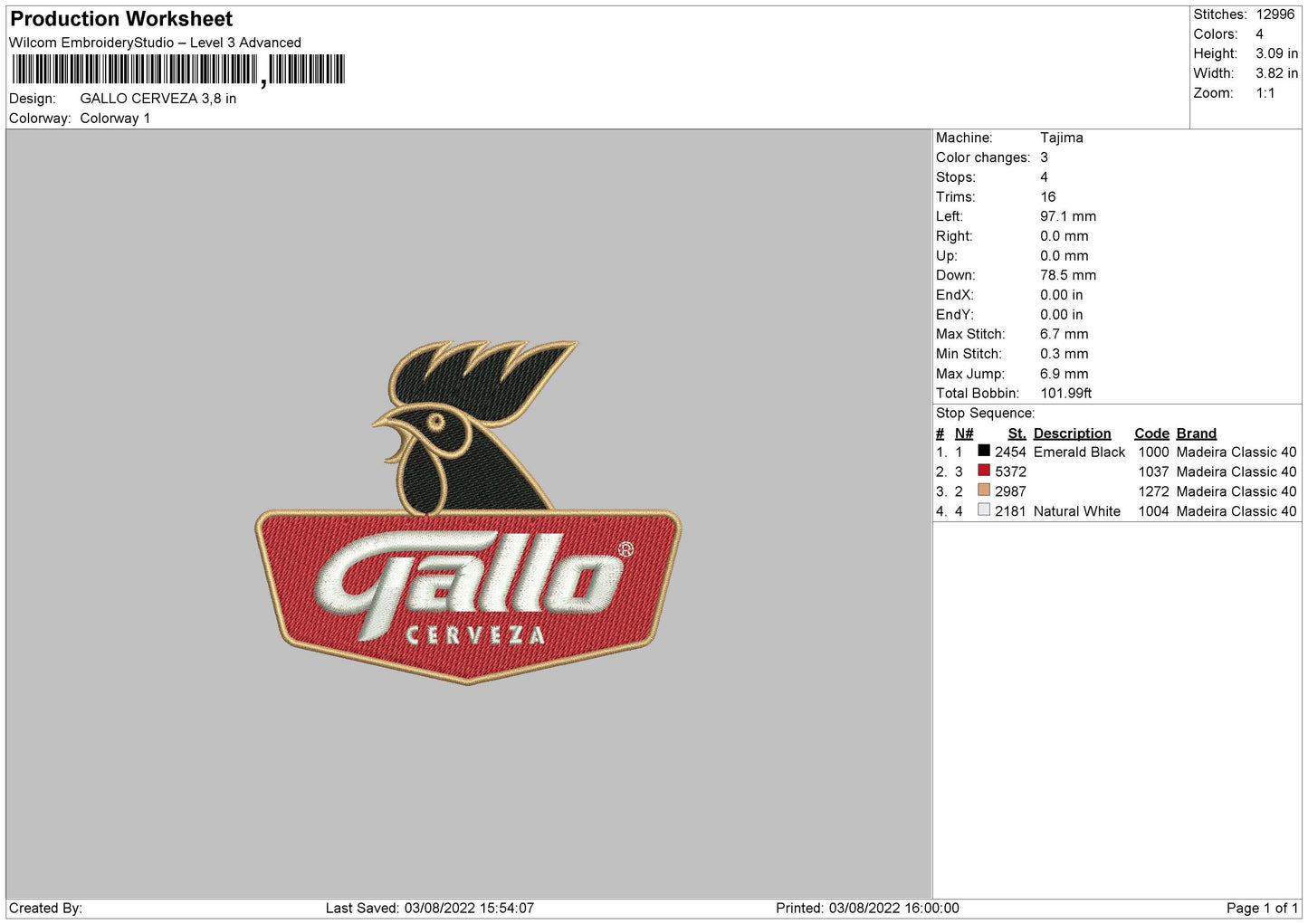 Gallo Cerveza Embroidery File 4 sizes