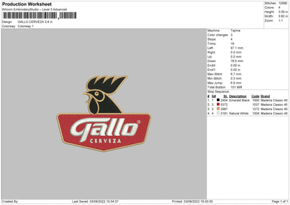 Gallo Cerveza Embroidery File 4 sizes