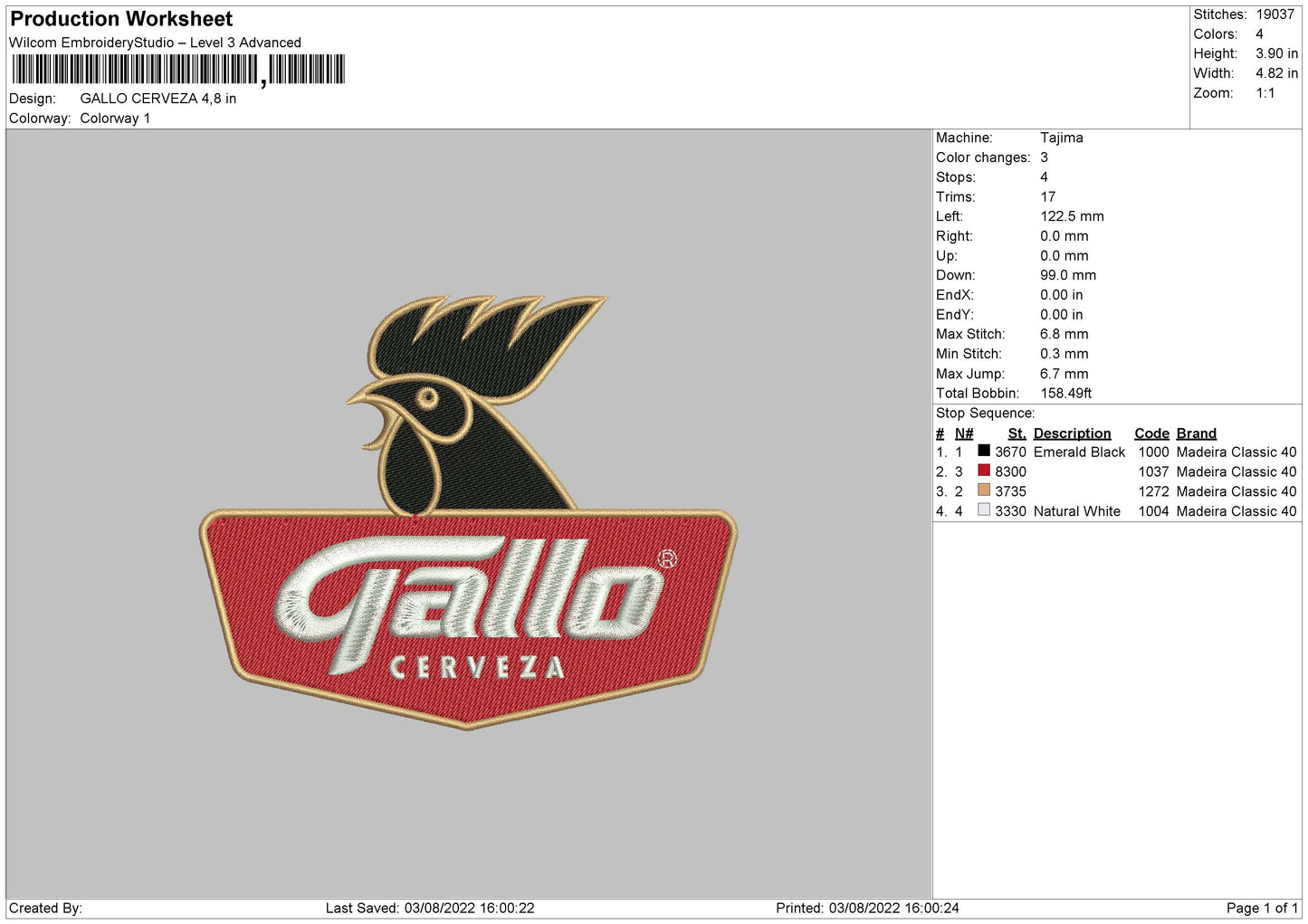 Gallo Cerveza Embroidery File 4 sizes
