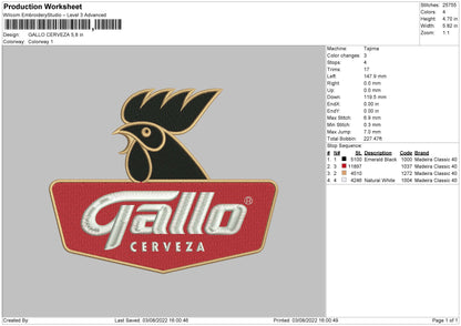 Gallo Cerveza Embroidery File 4 sizes