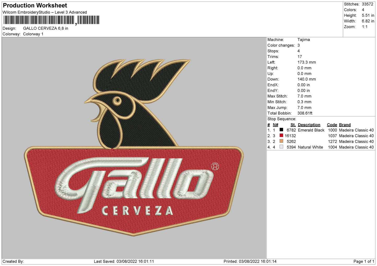 Gallo Cerveza Embroidery File 4 sizes