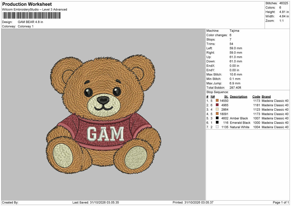Bear 3110 Embroidery Machine Design File 6 sizes