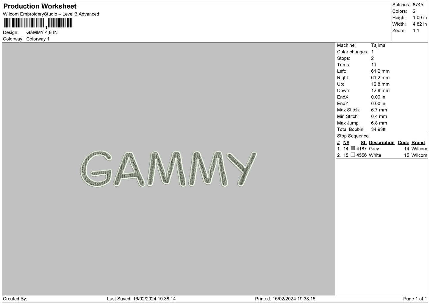 Gammy Text Embroidery File 6 sizes