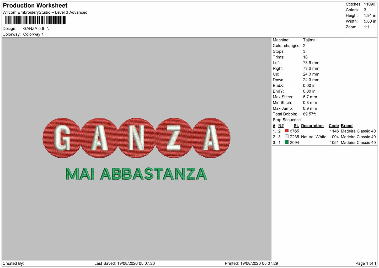 Ganzatext Embroidery Machine Design File 6 sizes
