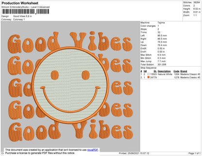 Good Vibes Smile Embroidery File 4 size