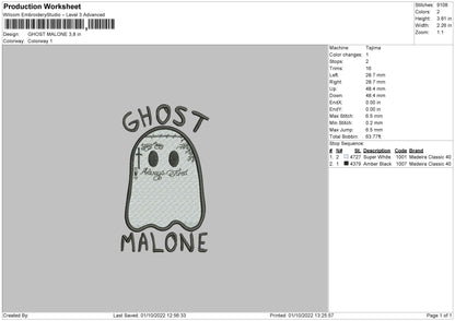 Ghost Malone Embroidery File 5 sizes