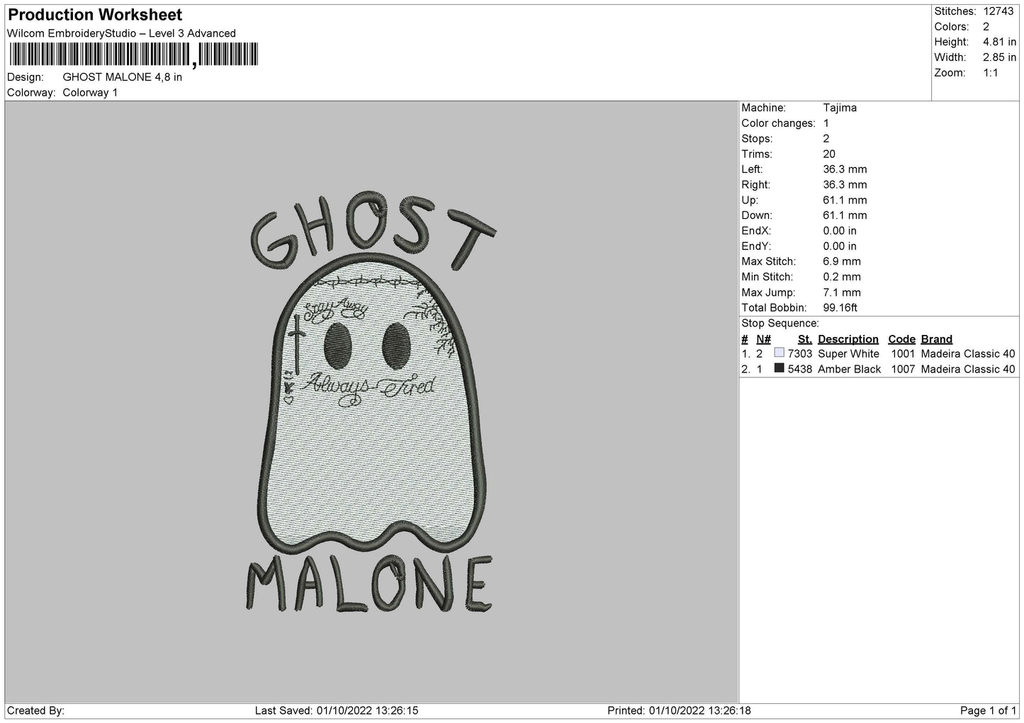 Ghost Malone Embroidery File 5 sizes