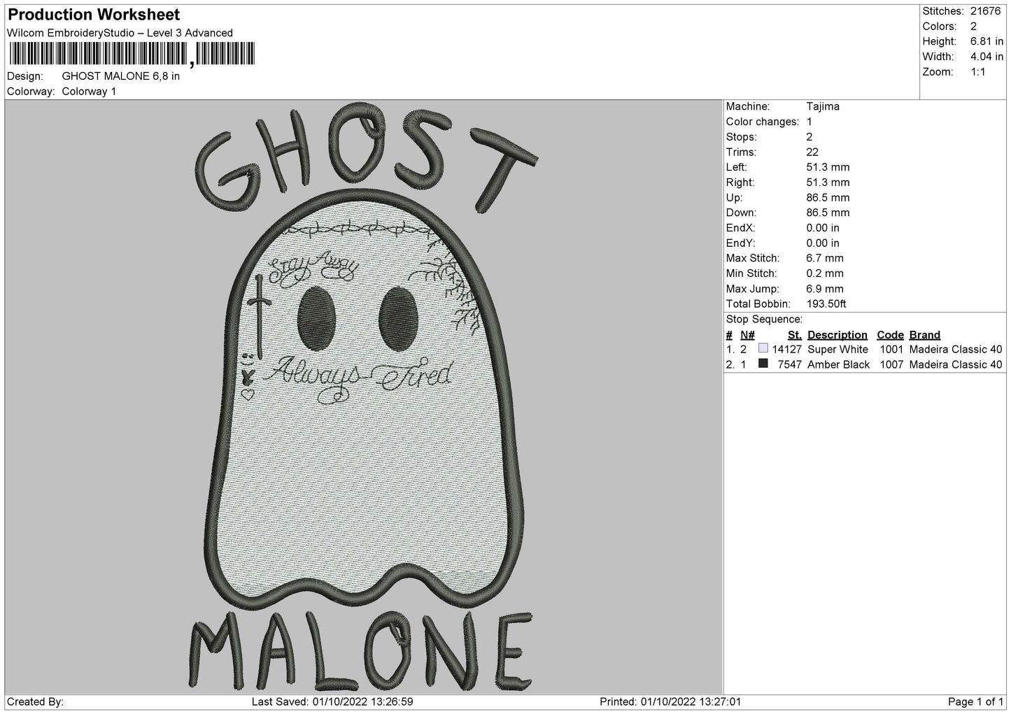 Ghost Malone Embroidery File 5 sizes