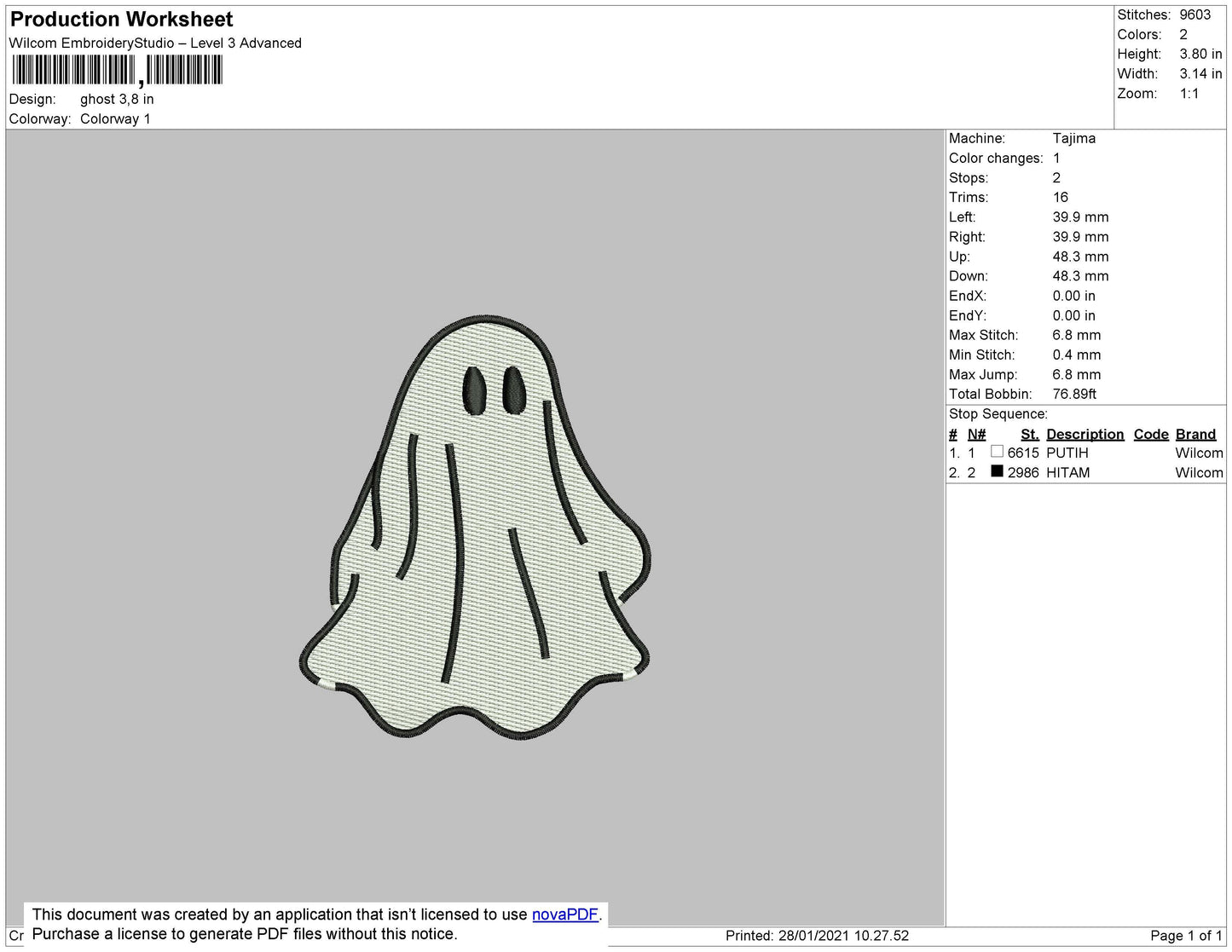 Ghost Embroidery File 4 size