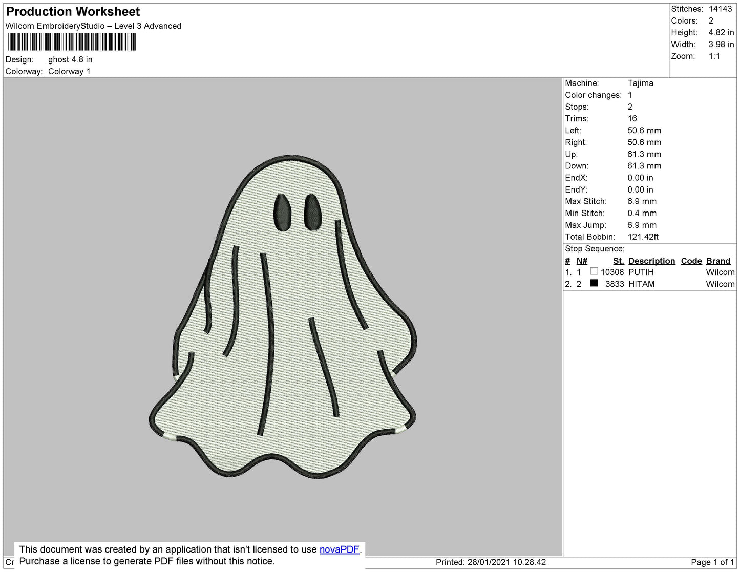 Ghost Embroidery File 4 size