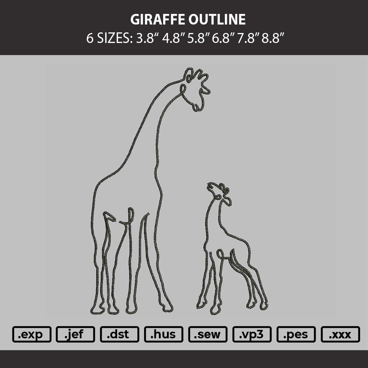 Giraffe Outline Embroidery Machine Design File 6 sizes