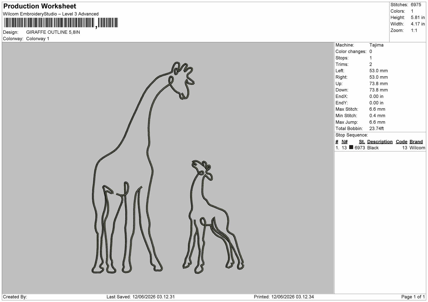 Giraffe Outline Embroidery Machine Design File 6 sizes