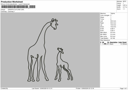Giraffe Outline Embroidery Machine Design File 6 sizes