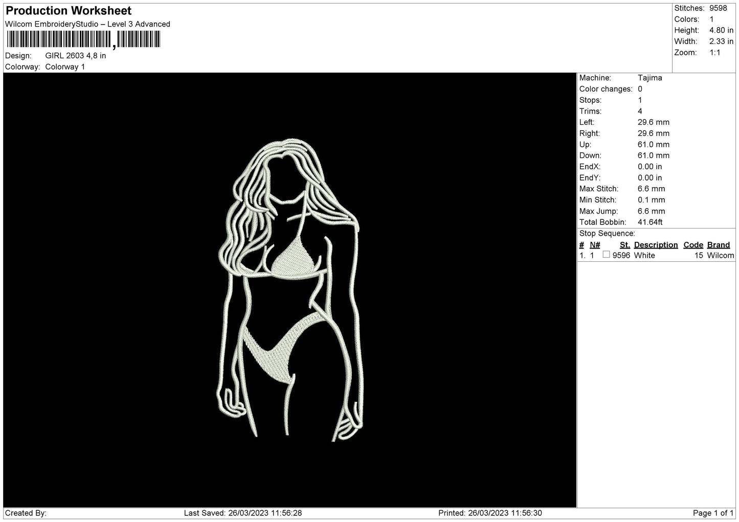 Girl 2603 Embroidery File 6 sizes