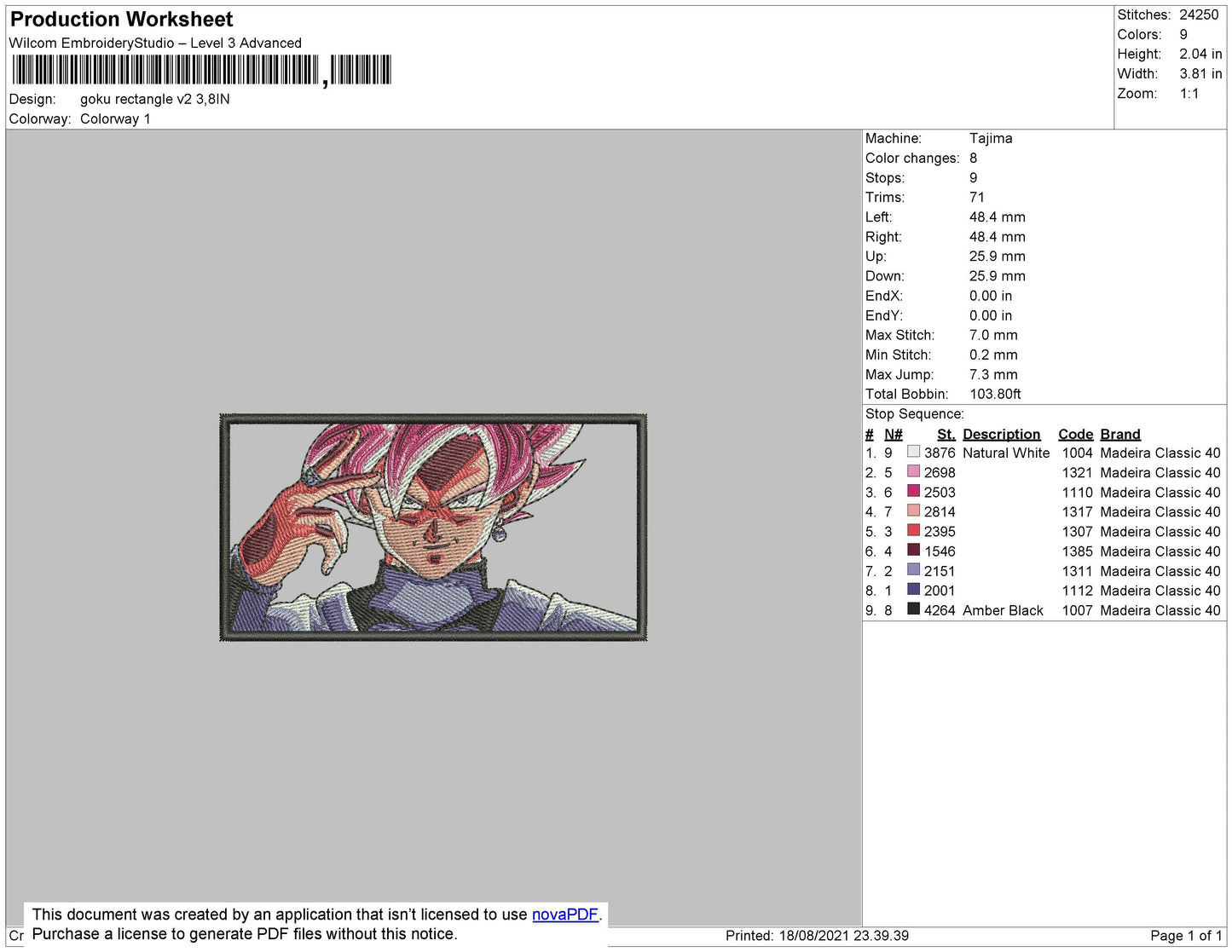 Goku Rectangle V2 Embroidery File 4 size