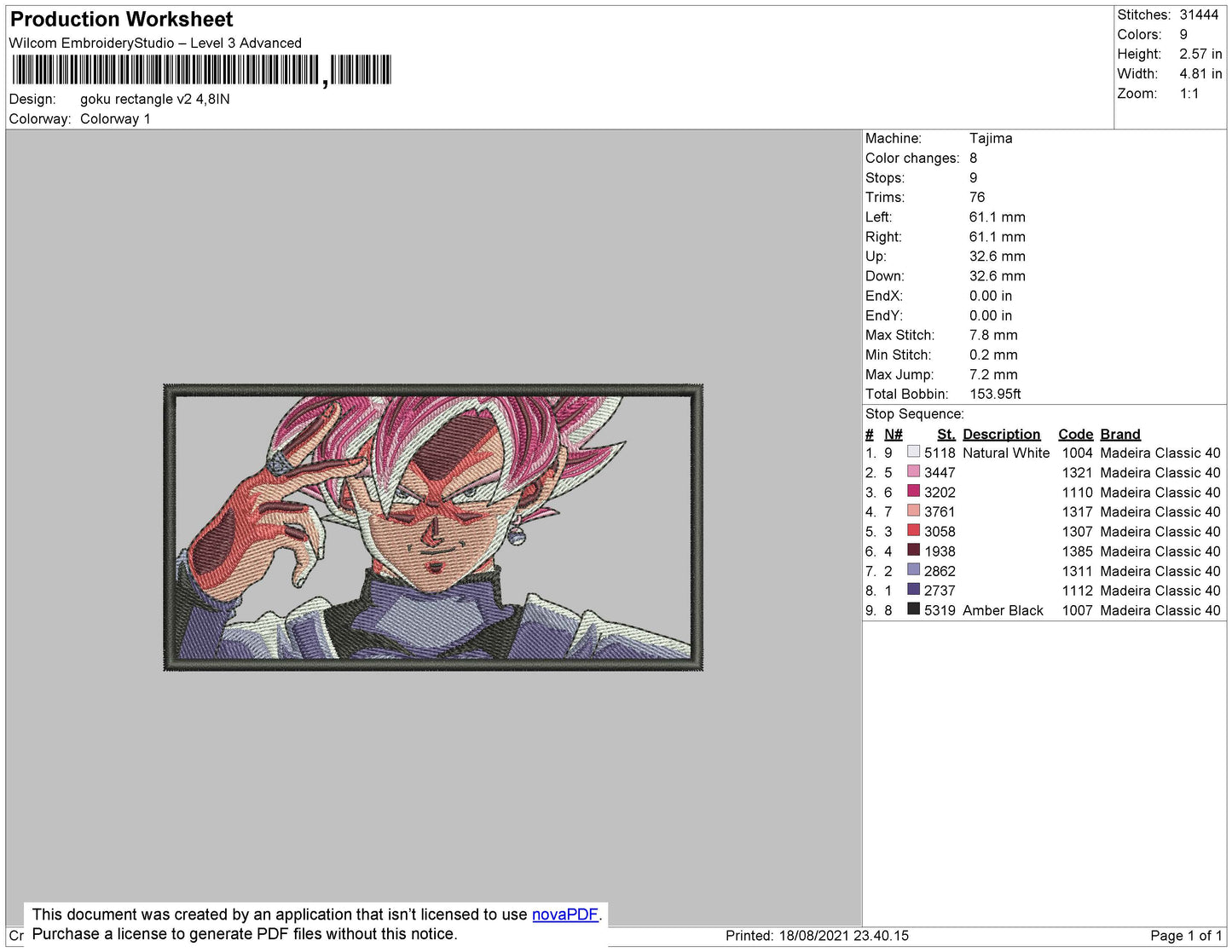Goku Rectangle V2 Embroidery File 4 size