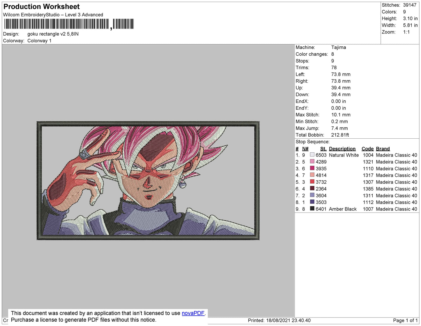 Goku Rectangle V2 Embroidery File 4 size