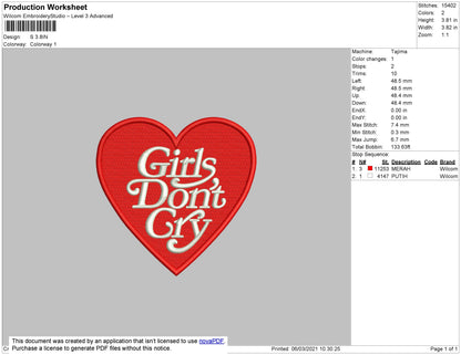 G Dont Cry Text Embroidery File 4 size