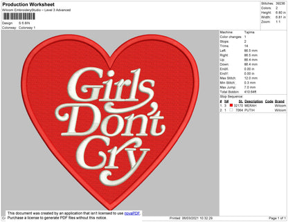 G Dont Cry Text Embroidery File 4 size