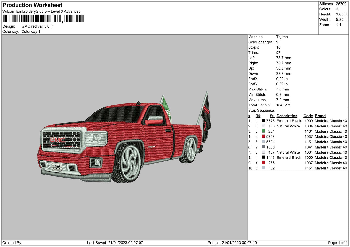 Gmc Red Car Embroidery ile 6 sizes
