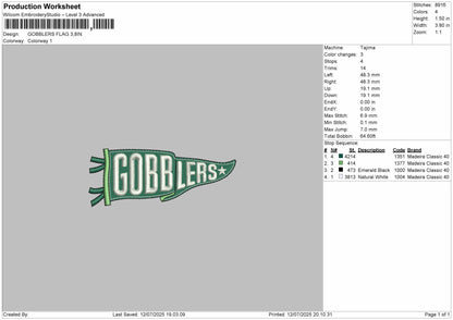 Gobblers Flag Embroidery File Design