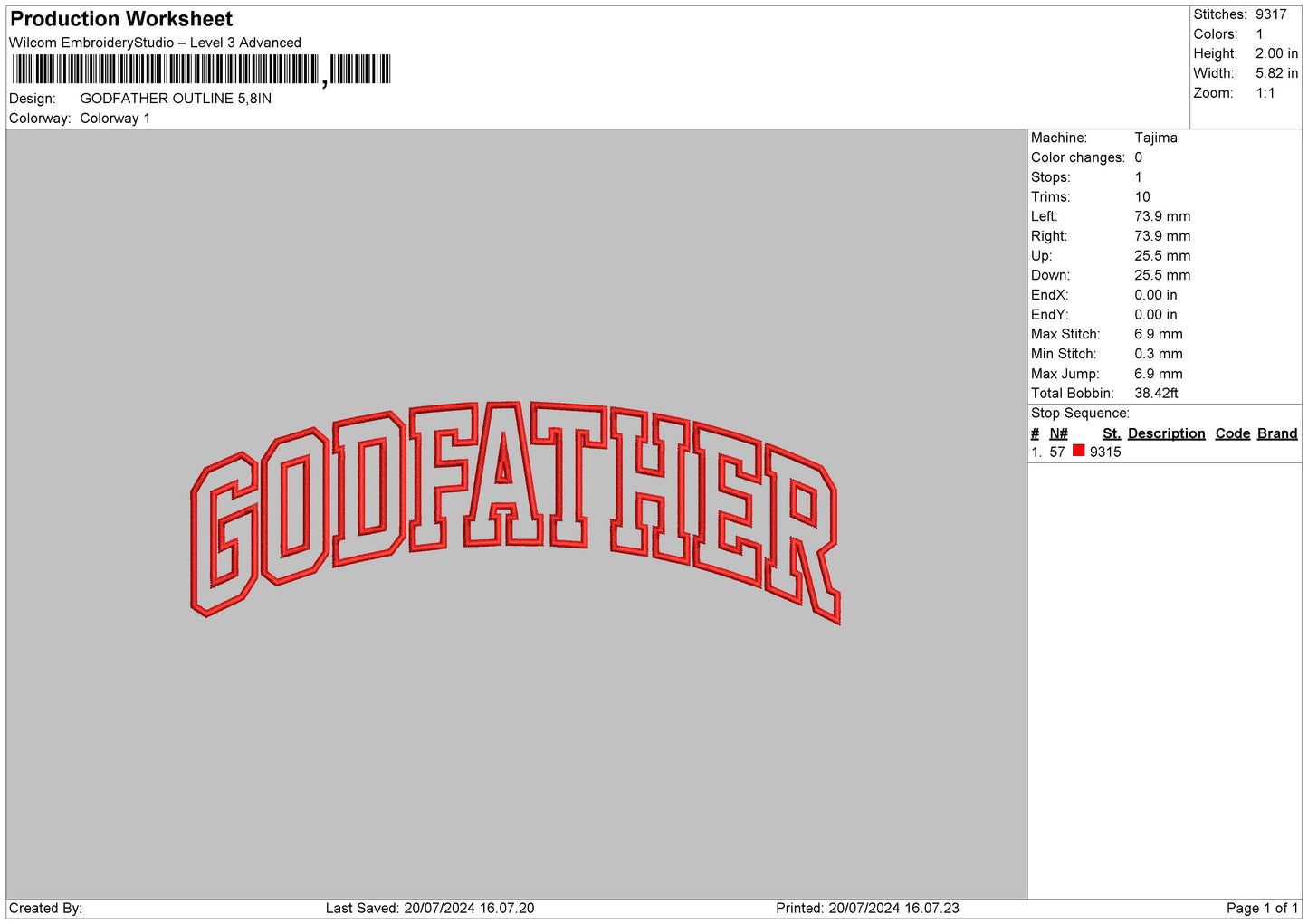 Godfather Outline Embroidery File 6 sizes
