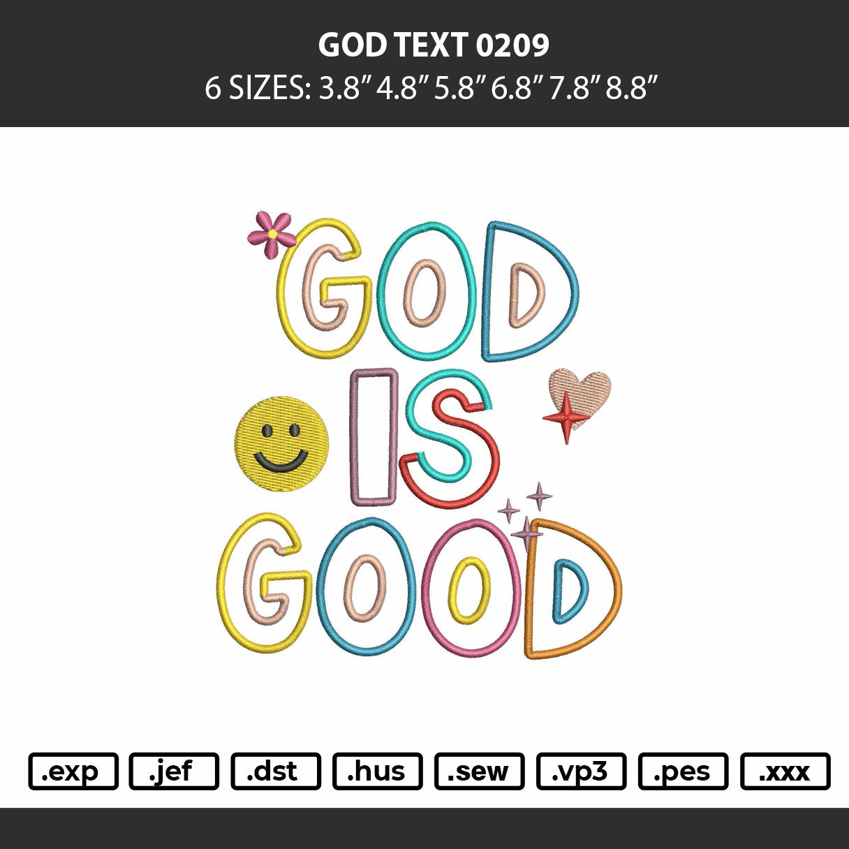 God Text 0209 Embroidery Machine Design File 6 sizes