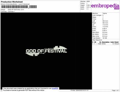 God Of Festival Embroidery File 4 size