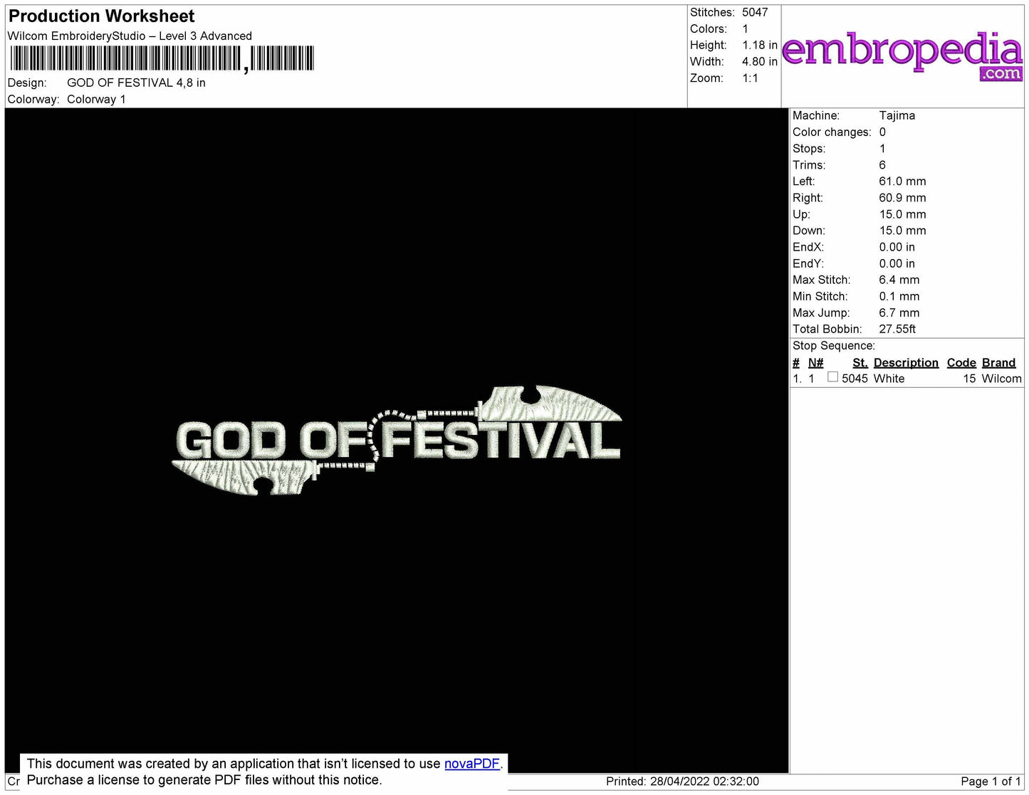 God Of Festival Embroidery File 4 size