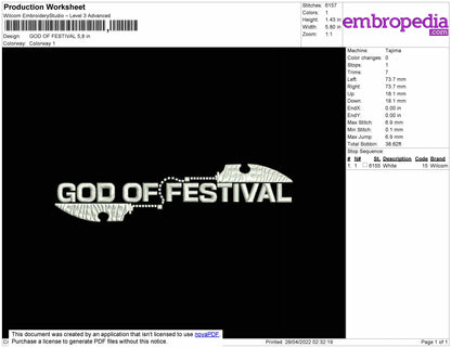 God Of Festival Embroidery File 4 size