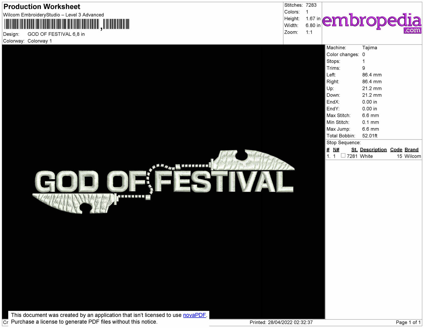 God Of Festival Embroidery File 4 size
