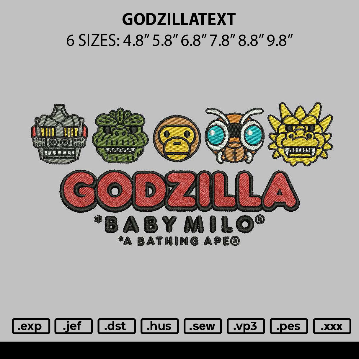 Godzillatext Embroidery File 6 sizes