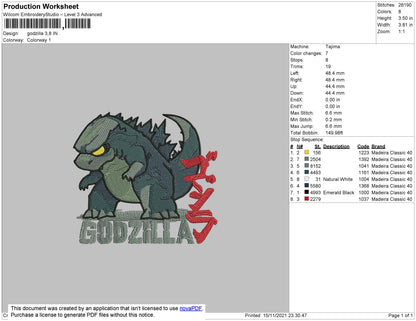 Godzilla Embroidery File 4 size