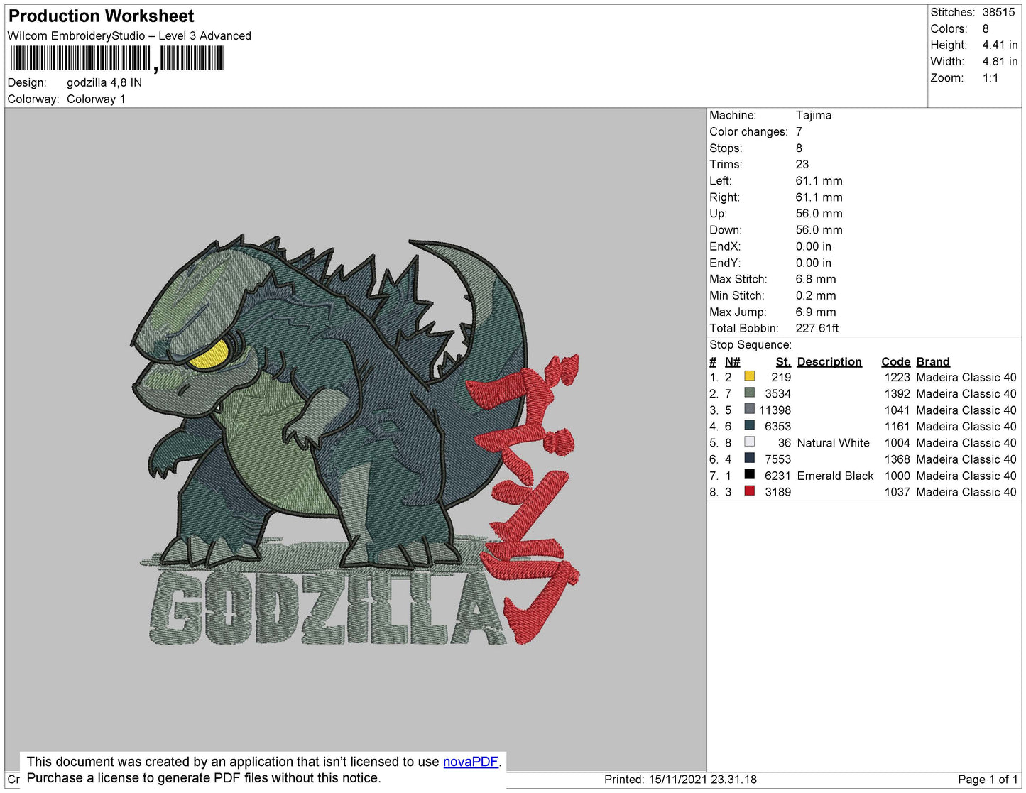 Godzilla Embroidery File 4 size