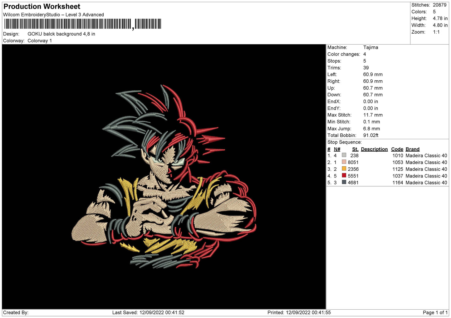 Goku Balck Background Embroidery File 5 sizes