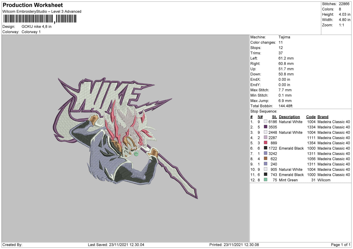 Goku Nike Embroidery File 4 size