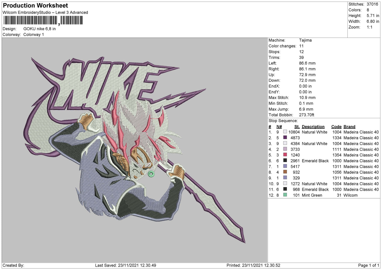 Goku Nike Embroidery File 4 size