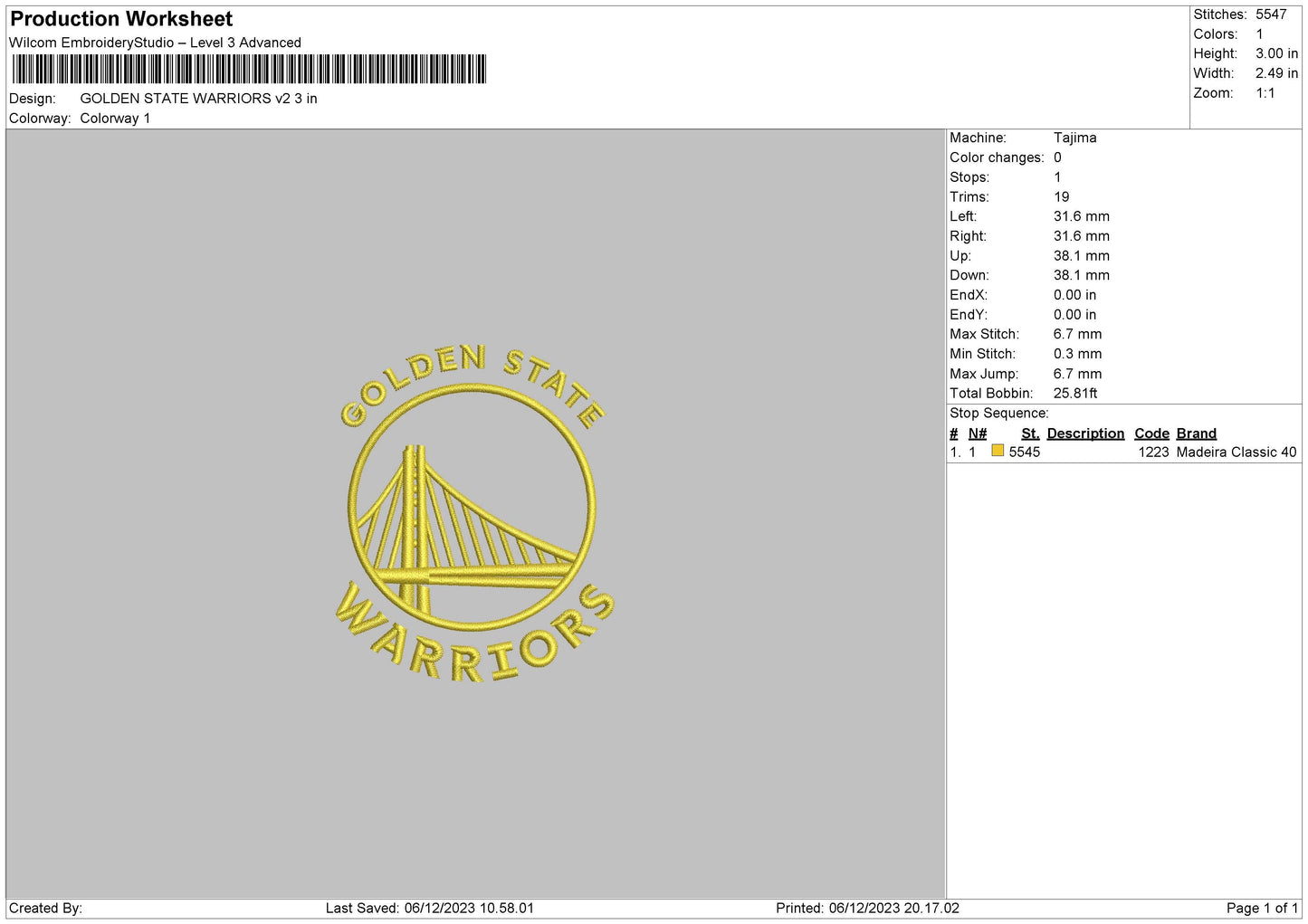 Golden State Embroidery File 6 sizes