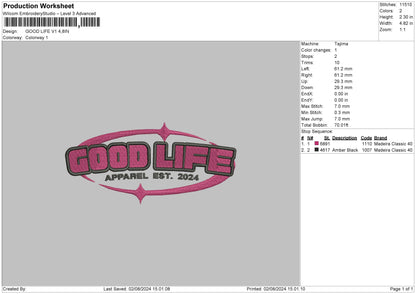 Good Life V1 Embroidery File 6 sizes