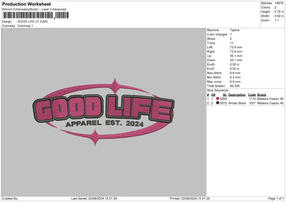 Good Life V1 Embroidery File 6 sizes