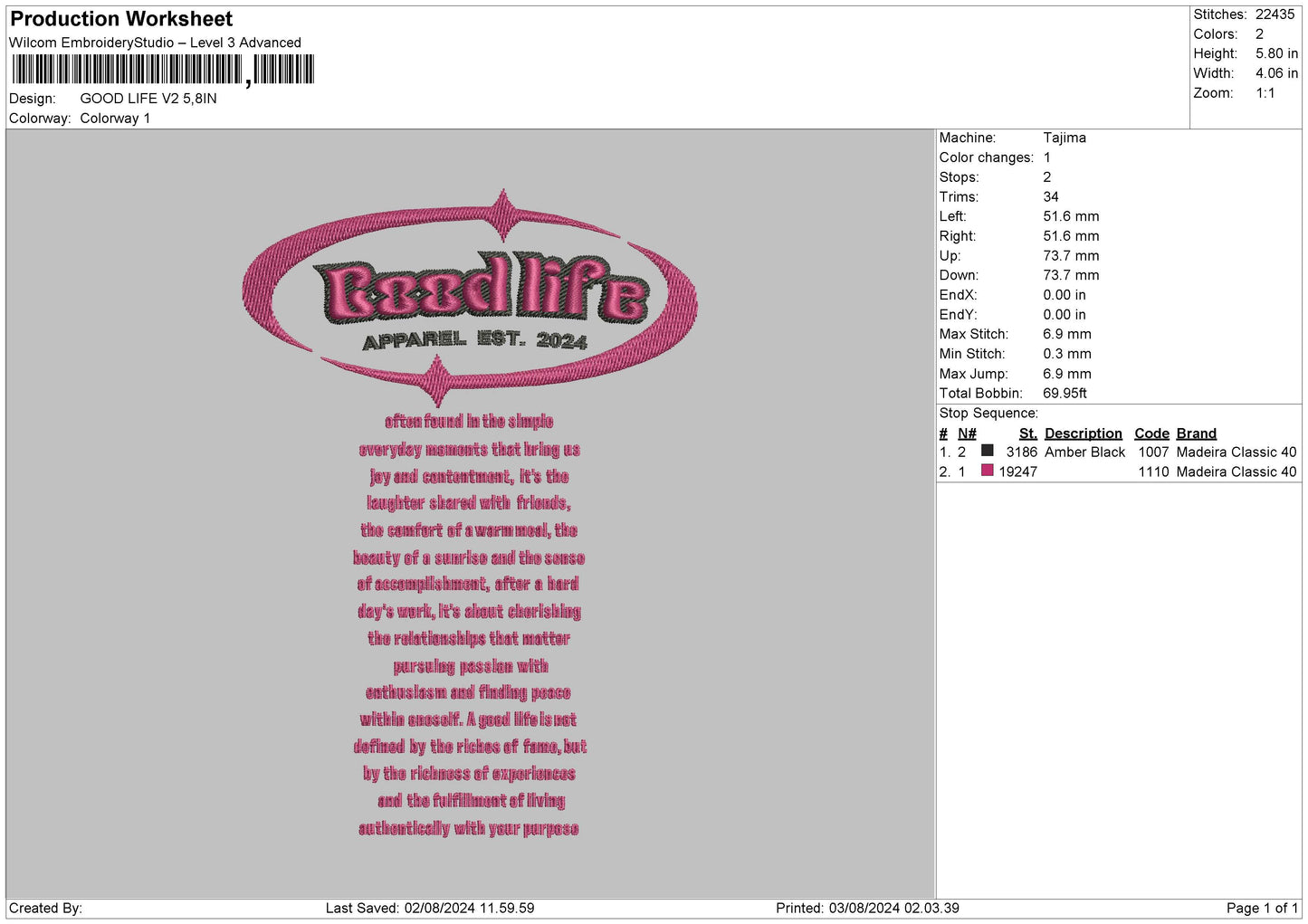 Good Life V2 Embroidery File 6 sizes