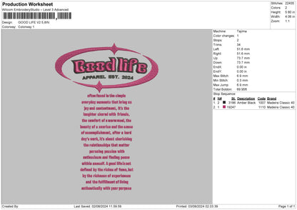 Good Life V2 Embroidery File 6 sizes