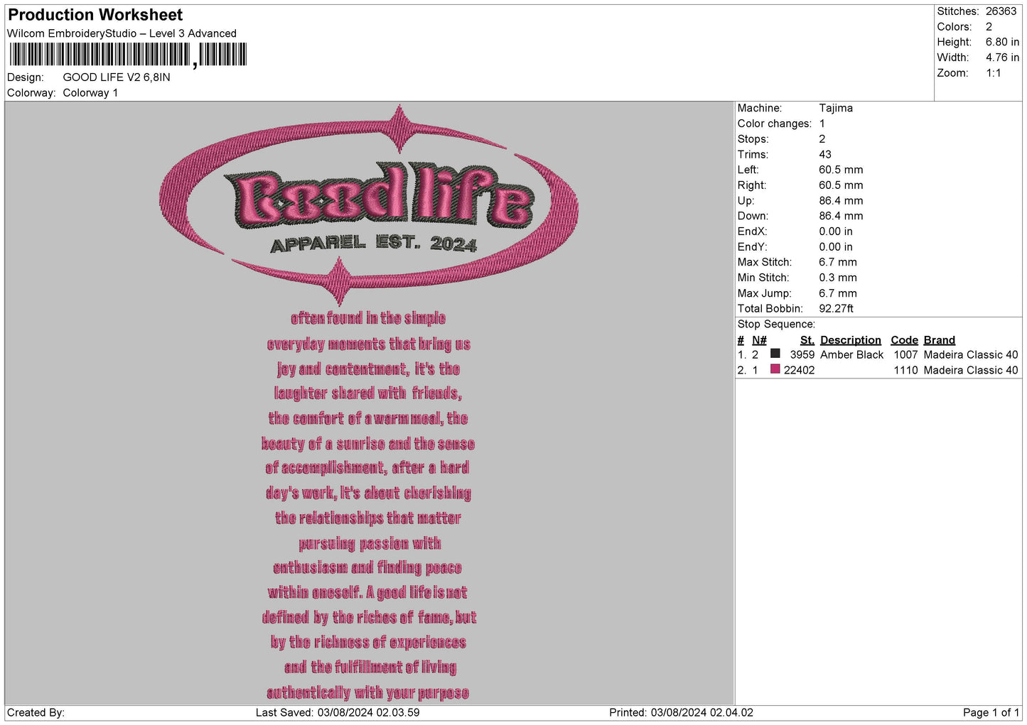 Good Life V2 Embroidery File 6 sizes